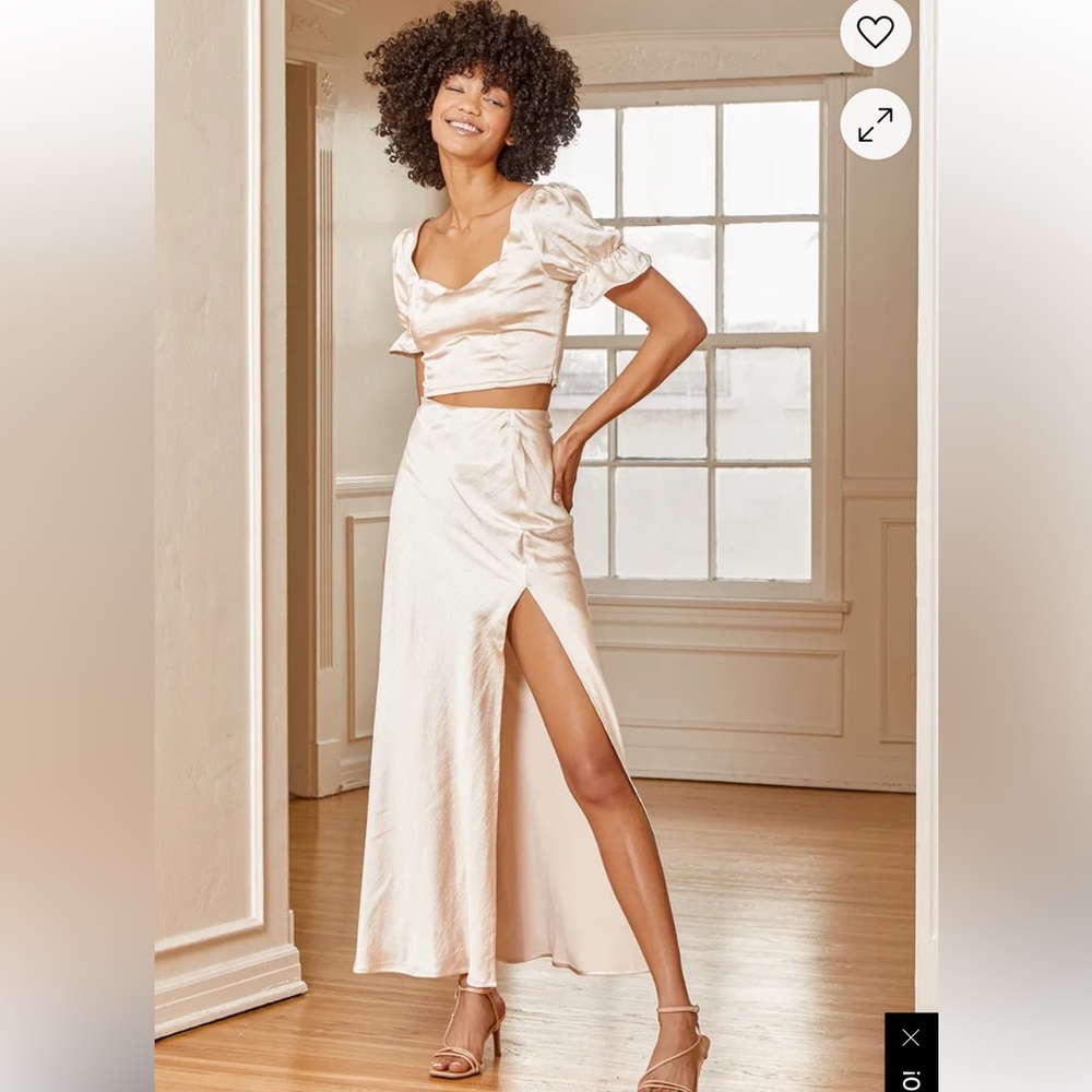 Lulus Champagne Satin Two-Piece Midi Dress